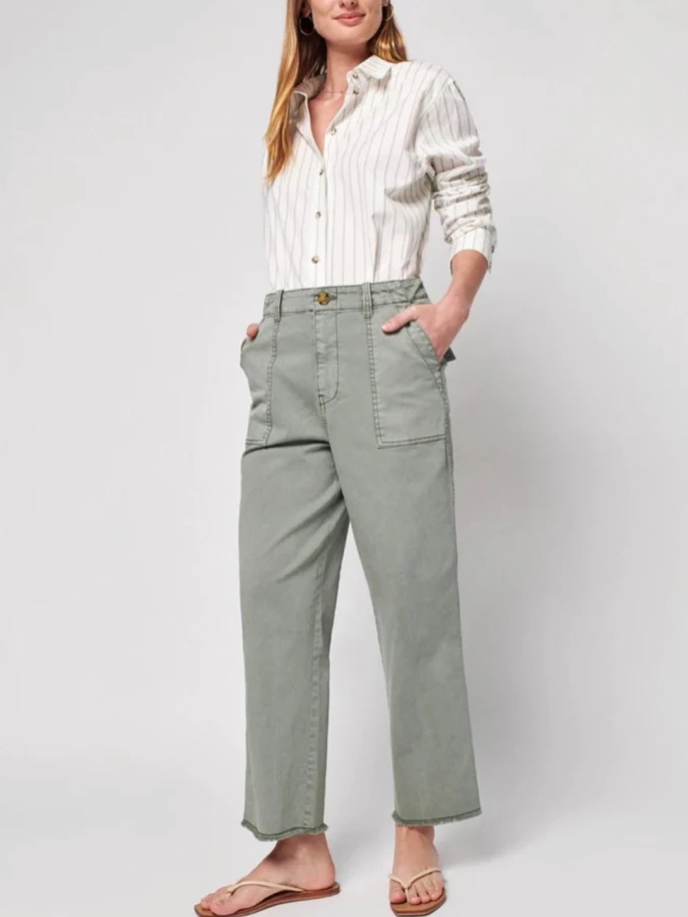 FAHERTY Organic Cotton Sage Green Raw Hem Cargo Utility Pants | 30